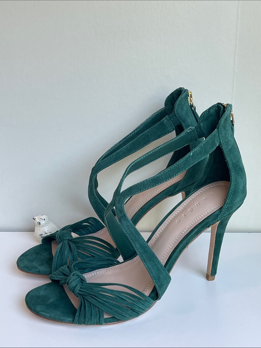 Sandro Elisa Knotted Green Suede Heels Size 38 🆕